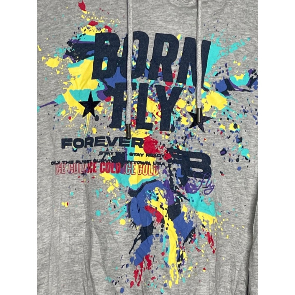 Born Fly Hoodie Sweatshirt Men's XL Gray Graphic‎ Print Drawstring Pockets